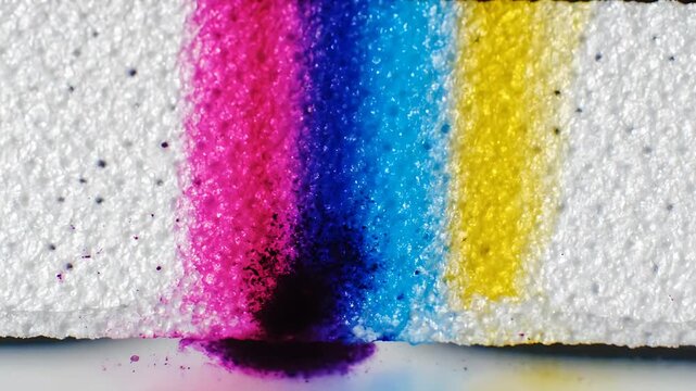 Ink Drops Spreading Across Textured White Surface in Vibrant Color Streaks, Creating a Dynamic Fluid Motion Effect.