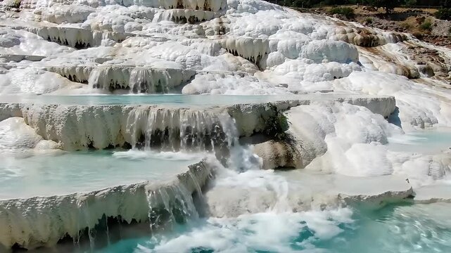 Terraced Travertine Pools Gently Flowing with Turquoise Water, Showcasing a Serene Natural Landscape and Tranquil Cascading Effect.
