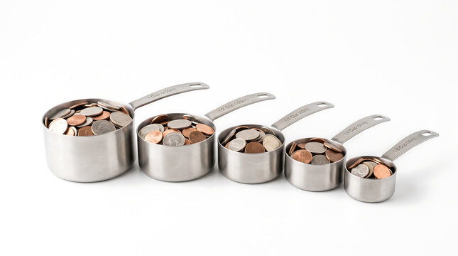 Five stainless steel measuring cups of decreasing size, each filled with a heap of assorted copper and silver colored coins, arranged in a row on a white background