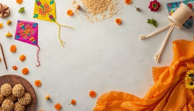 Makar sankranti festive background with kites and traditional sweets