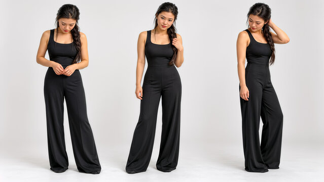 Studio pose sheet of Asian woman in black sleeveless wide leg jumpsuit showing three fashion model poses.