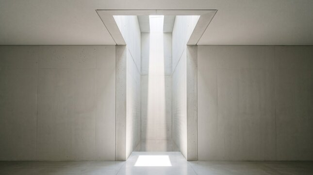 Deep architectural skylight well directing vertical column of sunlight