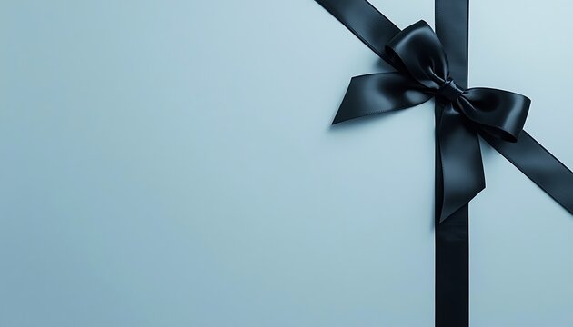 Black satin ribbon bow on light blue background for gift.