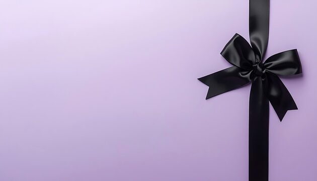 Black satin ribbon bow on light purple background for gift.