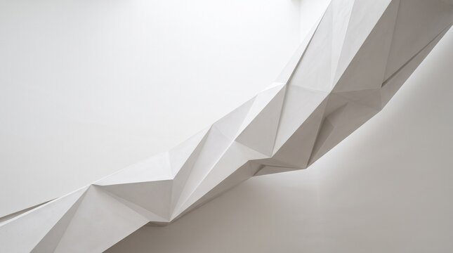 Angular geometric staircase soffit underside against clean white wall