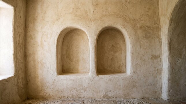 Double arch sculpted niche in warm oat lime wash plaster wall