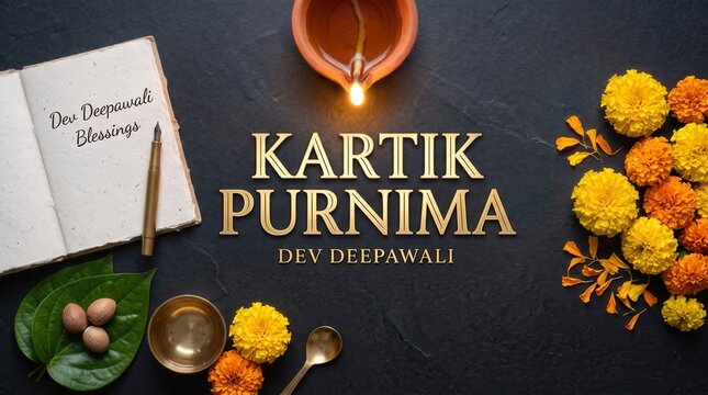 Kartik purnima dev deepawali celebration flat lay with open book lit clay diya lamp marigold flowers and betel leaves on a dark textured background