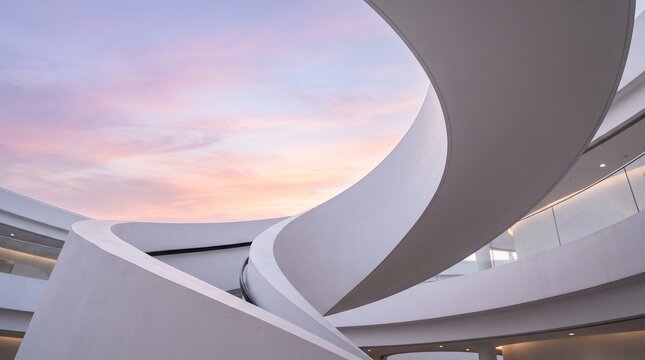 Sculptural curved white spiral staircase wall sweeping toward sky