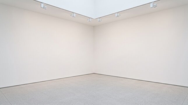 Empty art gallery exhibition corner with white walls and terrazzo floor