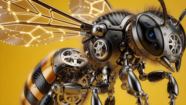 Intricate Robotic Bee with Metallic Design and Glowing Cybernetic Wings.
