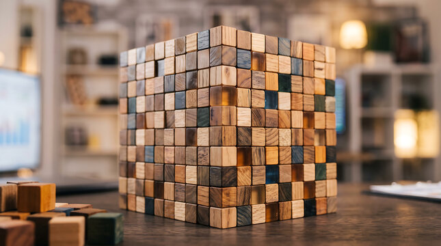 Large cube sculpture made of many small, individual wooden blocks with varying grain patterns and dark, stained accents, sitting on a desk