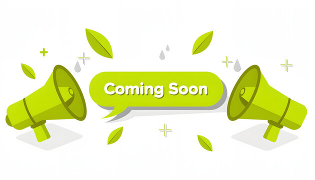 Vibrant Coming Soon Banner with Megaphones and Leaves Announcing a New Launch.