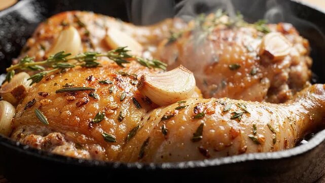 Juicy roasted chicken drumsticks with garlic and herbs in skillet  