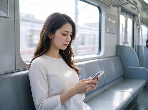 電車でスマホを操作する女性