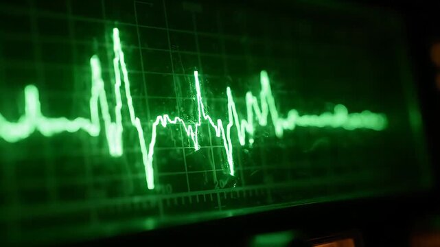 Heartbeat Monitor Animation Pulsing with Rhythmic Peaks and Valleys, Displaying a Vital Signs Sequence. Medical Technology Visualization.