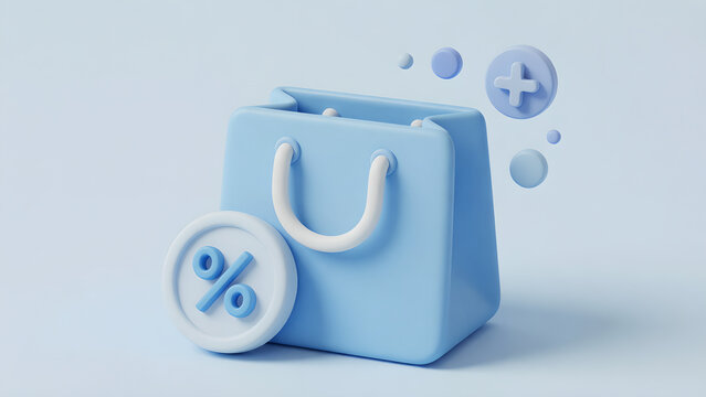 3D Rendered Shopping Bag with Discount and Plus Symbols for Online E-commerce Sales.