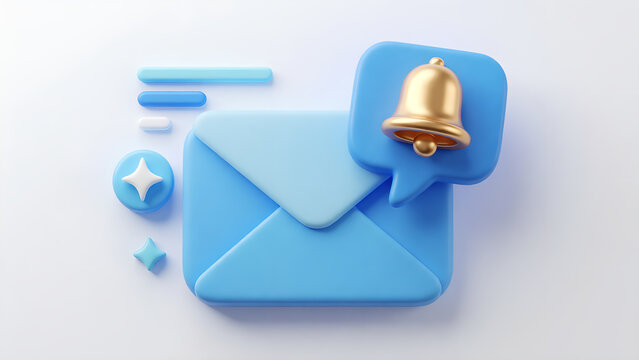 Blue 3D Mail Envelope Icon with Golden Bell Notification for Digital Communication and Updates.