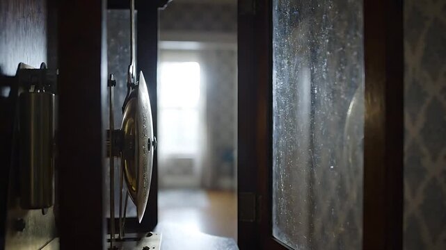 Antique Clock Pendulum Swinging Gently in a Dark Room, Creating a Mesmerizing Looping Animation. Elegant Timekeeping Design.