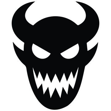 Scary devil head vector silhouette illustration with sharp teeth for halloween graphics.