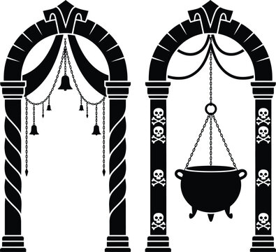 Black gothic archways with cauldron and hanging decorations
