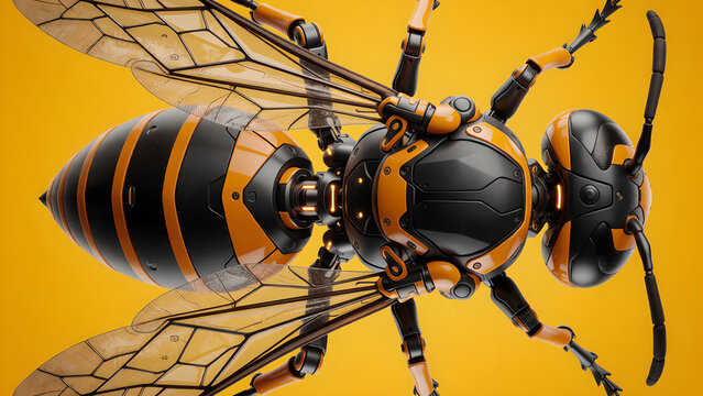 Detailed Robotic Wasp with Intricate Mechanical Components on a Vibrant Yellow Background.