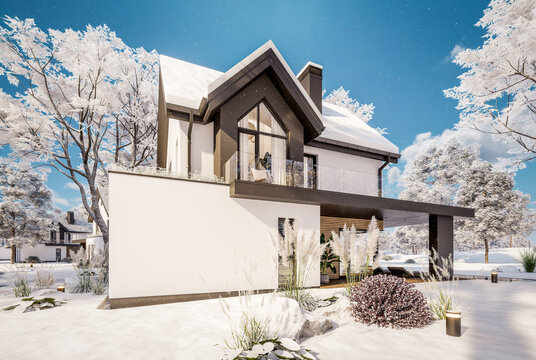 3D render of a modern house exterior in winter. White facade, dark pitched roof, large corner windows, and a pool in a snowy landscape with falling snowflakes