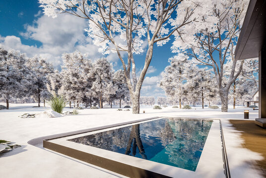 3D render of a modern house exterior in winter. White facade, dark pitched roof, large corner windows, and a pool in a snowy landscape with falling snowflakes