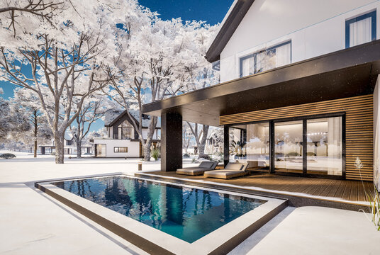 3D render of a modern house exterior in winter. White facade, dark pitched roof, large corner windows, and a pool in a snowy landscape with falling snowflakes