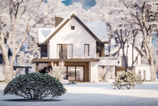 3D render of a modern house exterior in winter. White facade, dark pitched roof, large corner windows, and a pool in a snowy landscape with falling snowflakes