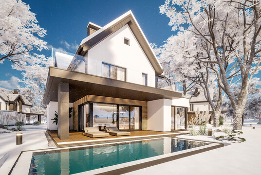 3D render of a modern house exterior in winter. White facade, dark pitched roof, large corner windows, and a pool in a snowy landscape with falling snowflakes