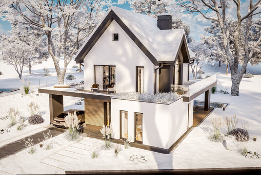 3D render of a modern house exterior in winter. White facade, dark pitched roof, large corner windows, and a pool in a snowy landscape with falling snowflakes