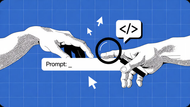 Human Hands Interacting with AI Prompt for Digital Creation and Coding.