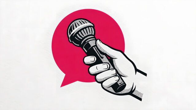 Illustration of a hand holding a vintage microphone against a bold red speech bubble.