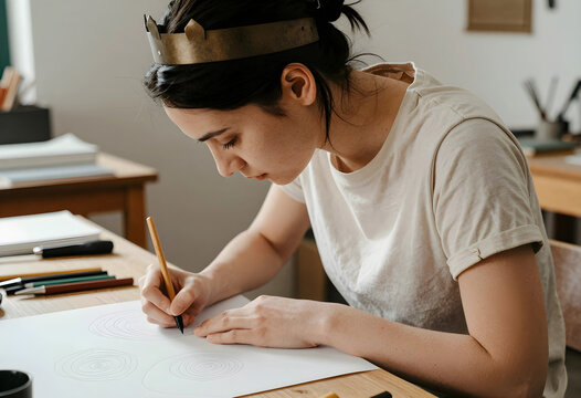 Creativity and artistic expression, young woman wearing a crown drawing circles on paper at a desk in a home studio for creative hobby and inspiration