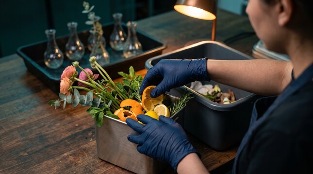 Hands sort compostables from floral table decor