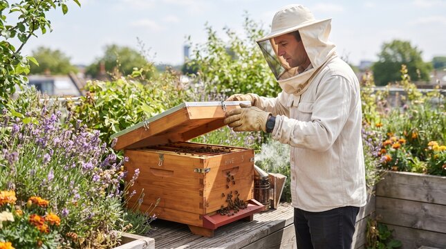 Protected beekeeper opens hive for routine health check
