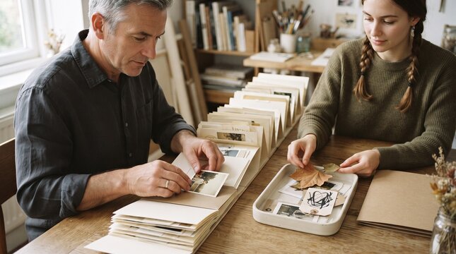 Family members organize a chronological memory book
