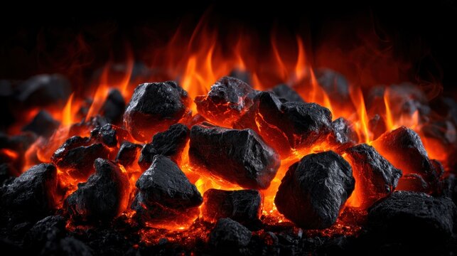 A close-up of glowing embers amidst blackened coal rocks with flickering flames