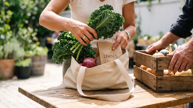 Member fills a reusable bag with seasonal staples