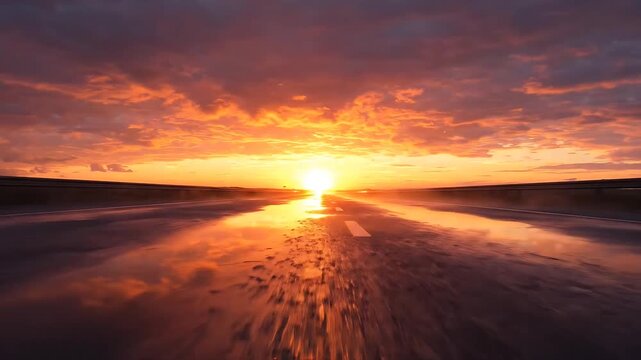 Sunset Over Ocean Reflecting Vibrant Orange and Purple Hues, Transitioning Smoothly Across the Water Surface