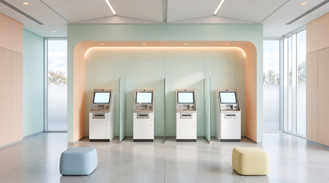 Symmetrical interior view of a lobby featuring four white self-service kiosks, pastel mint and peach walls, recessed lighting, and two small square ottomans on a polished gray floor