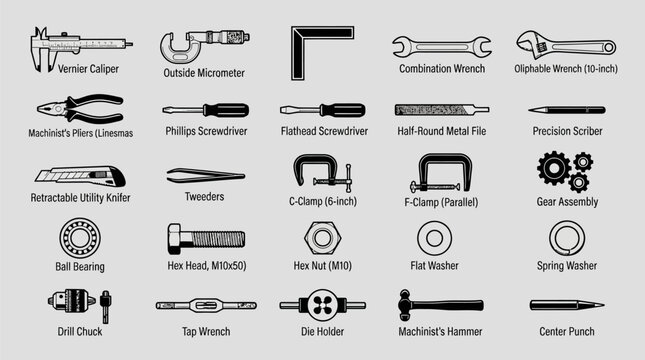 Collection of precision tools and hardware for machining workshop use