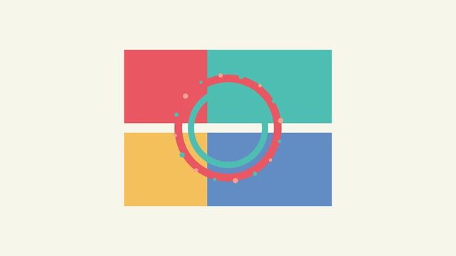 Colorful Geometric Square Blocks, Red Green Yellow and Blue Panels, Circular Target Ring, Minimal Modern Motion Graphics Background