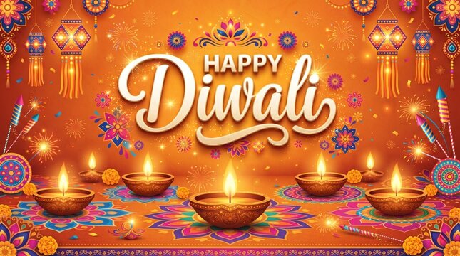 Happy Diwali Banner with Multiple Glowing Clay Diyas and Colorful Rangoli Patterns