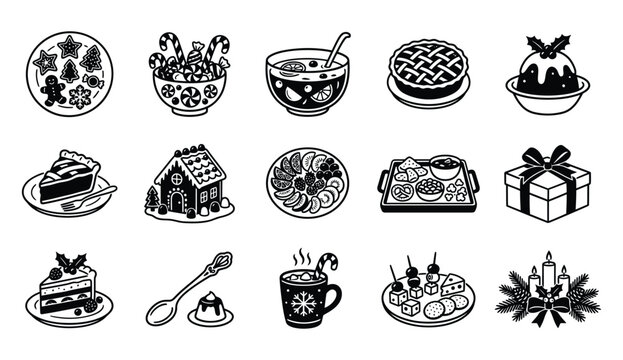 A collection of festive christmas icons depicting winter scenes gifts and holiday cheer