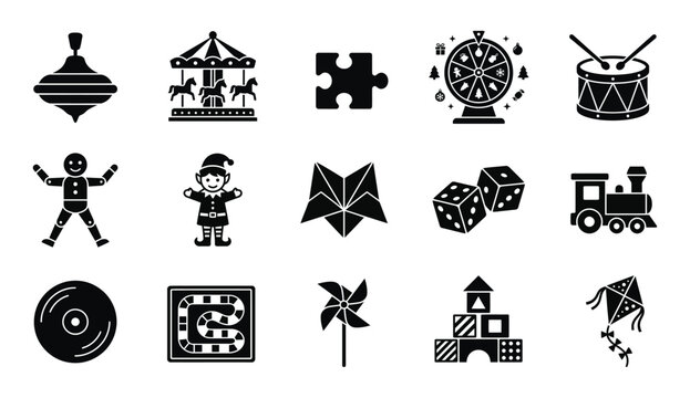 A collection of festive black silhouette icons representing toys and decorations for the christmas season