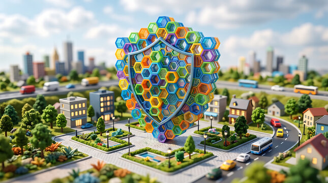 Tilt-shift miniature style scene featuring a large, colorful honeycomb shield structure floating above a suburban neighborhood with roads, houses, and city skyline