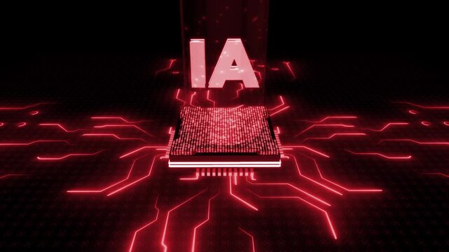 Animated red color glowing circuit board with floating AI logo 360 view hi tech design black technology 3d  background