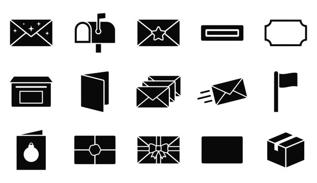 A collection of black icons representing christmas cards gifts and mail delivery for the holidays
