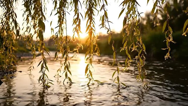 Willow Branches Gently Swaying Over a Tranquil River at Sunset, Creating a Peaceful and Serene Visual Loop. with Willow Tree